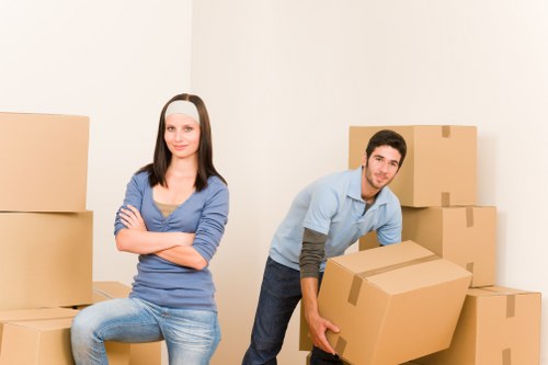 Packed boxes and furniture prepared for transport in South London